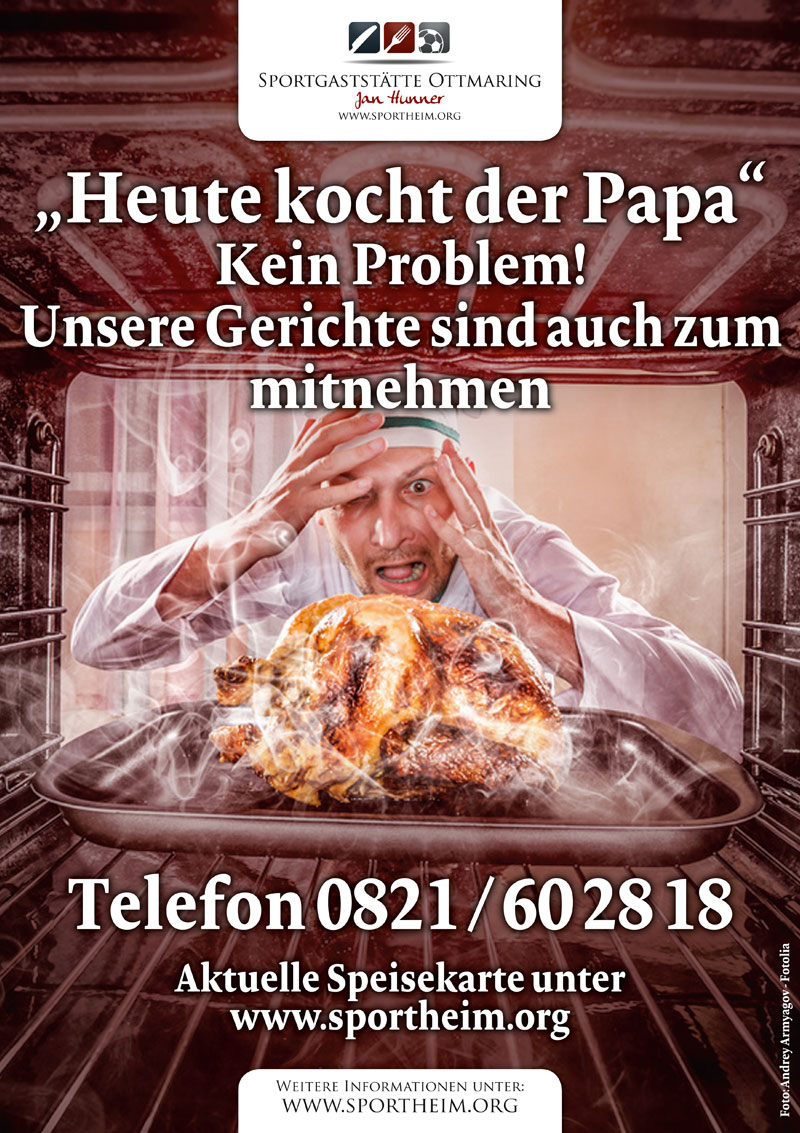 Plakat "Heute kocht der Papa". Gerichte auch zum mitnehmen